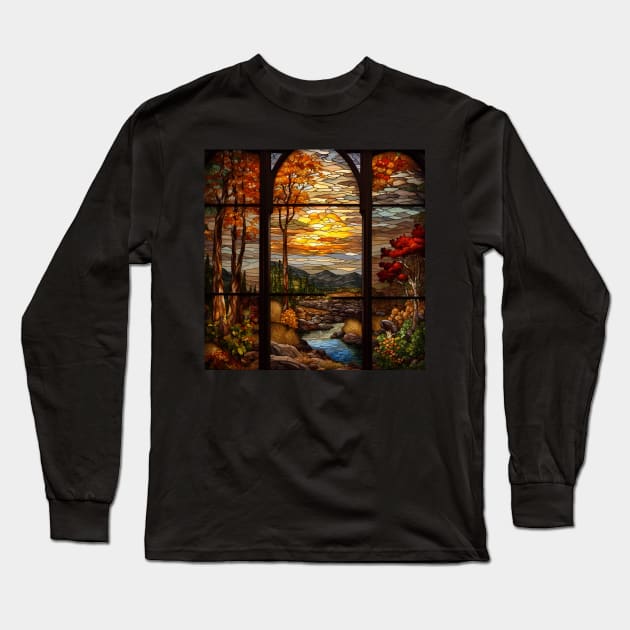 Stained Glass Window Of Autumn Scenery Long Sleeve T-Shirt by Chance Two Designs